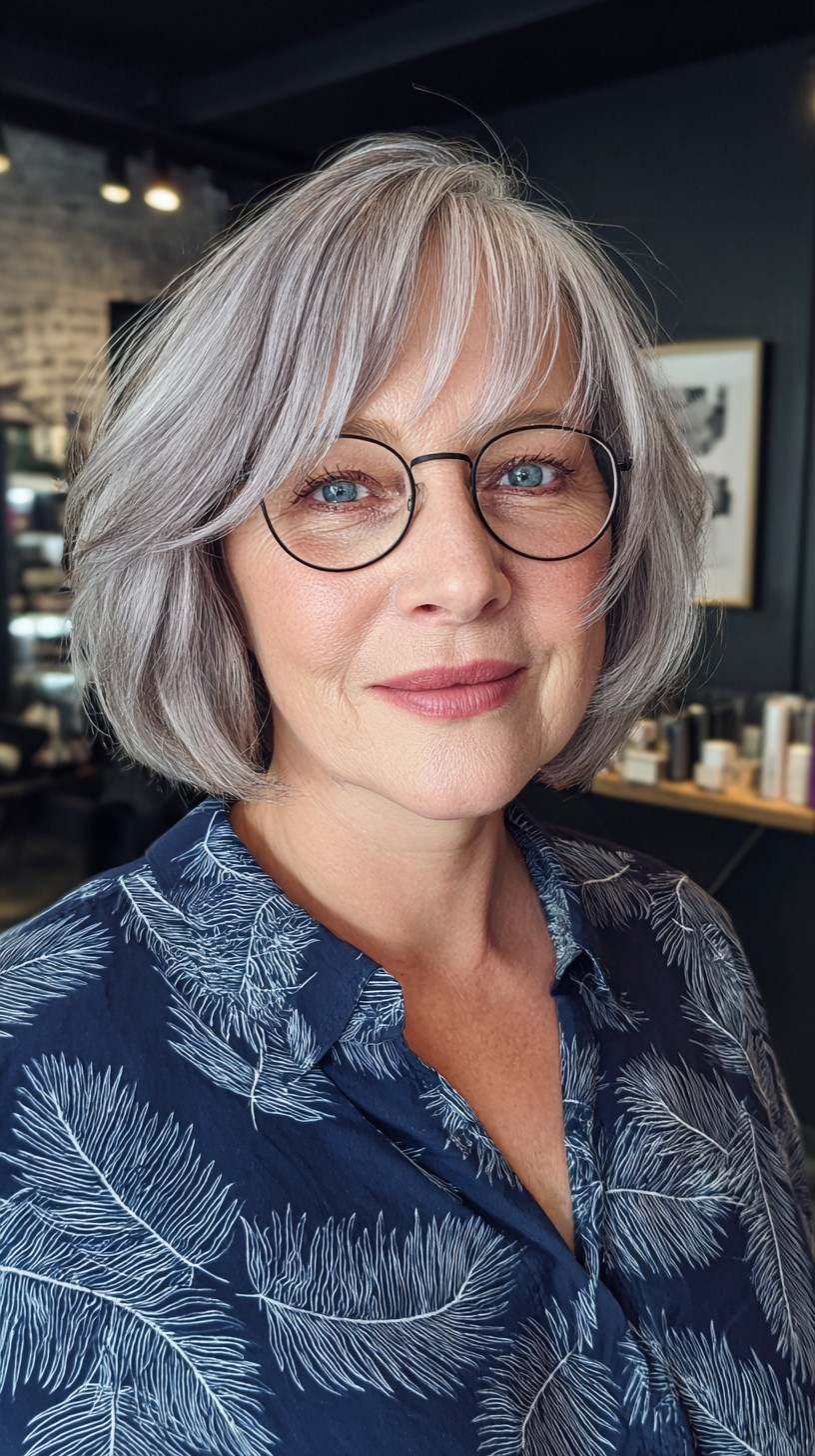Softly Layered Silver Bob with Face-Framing Bangs