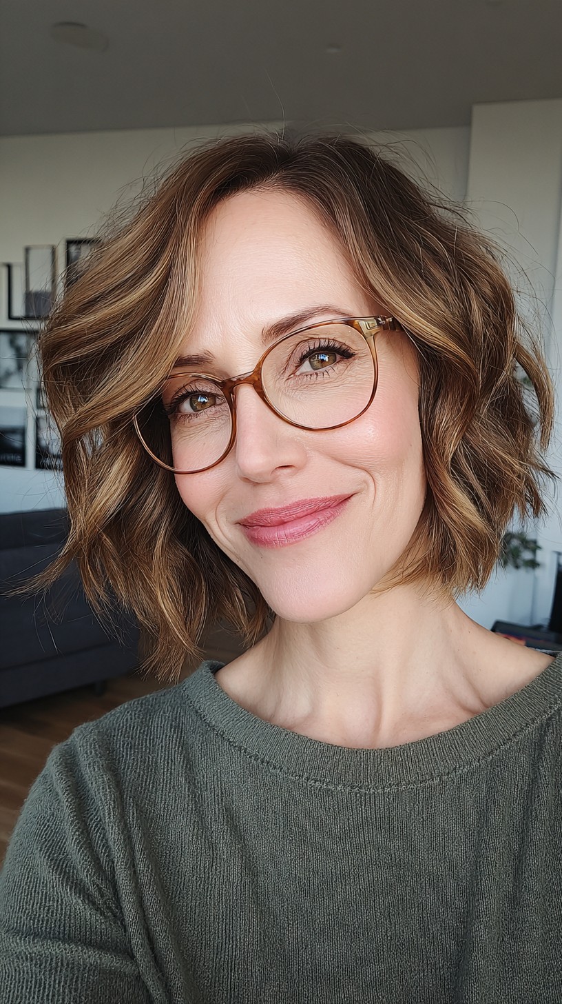 Softly Textured Brunette Bob with Gentle Waves