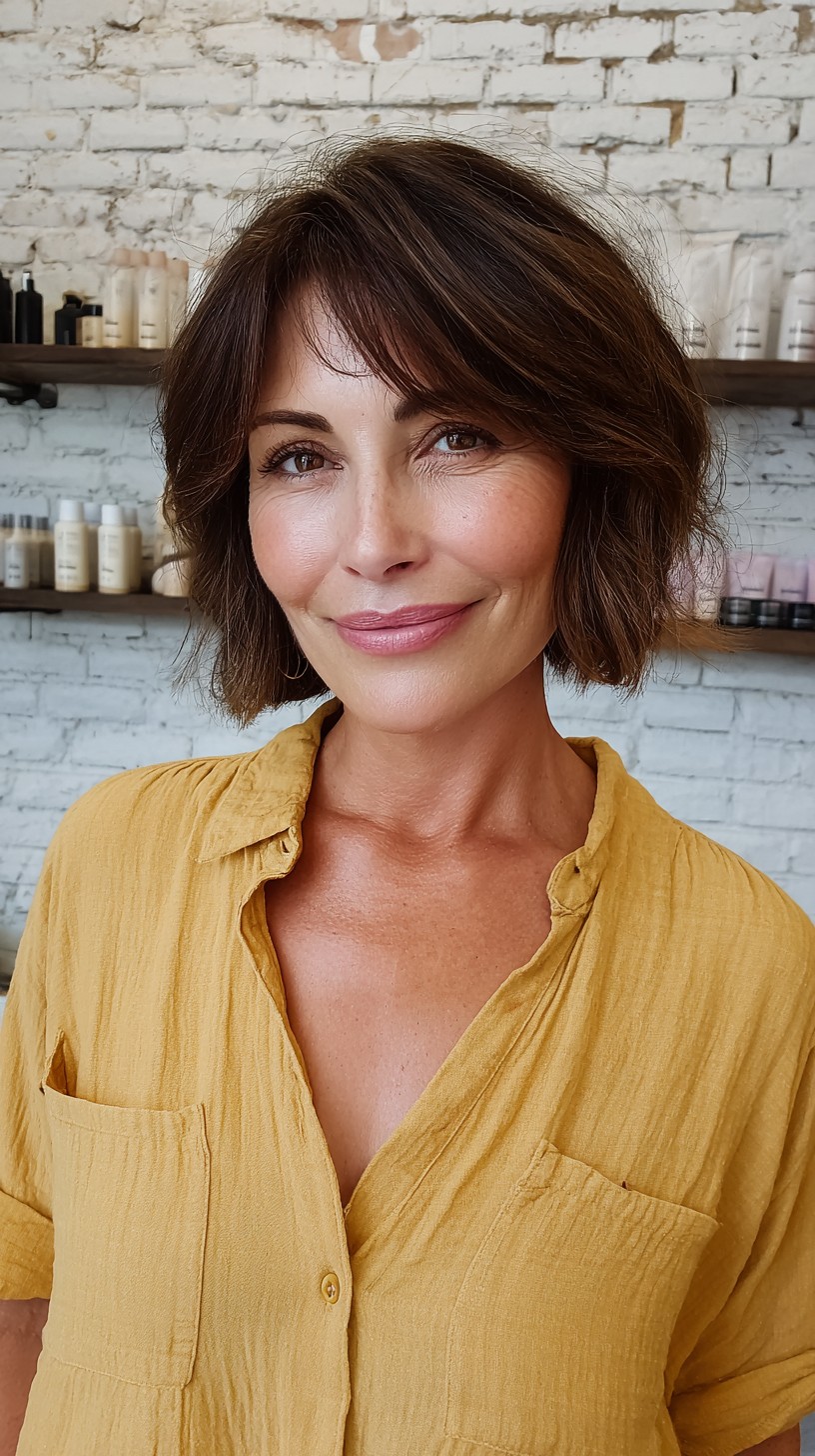 Softly Textured Brunette Bob with Subtle Bangs