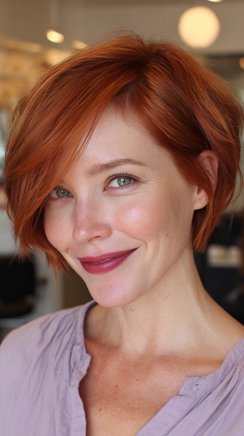 Softly Textured Red Pixie Cut with Side-Swept Bangs