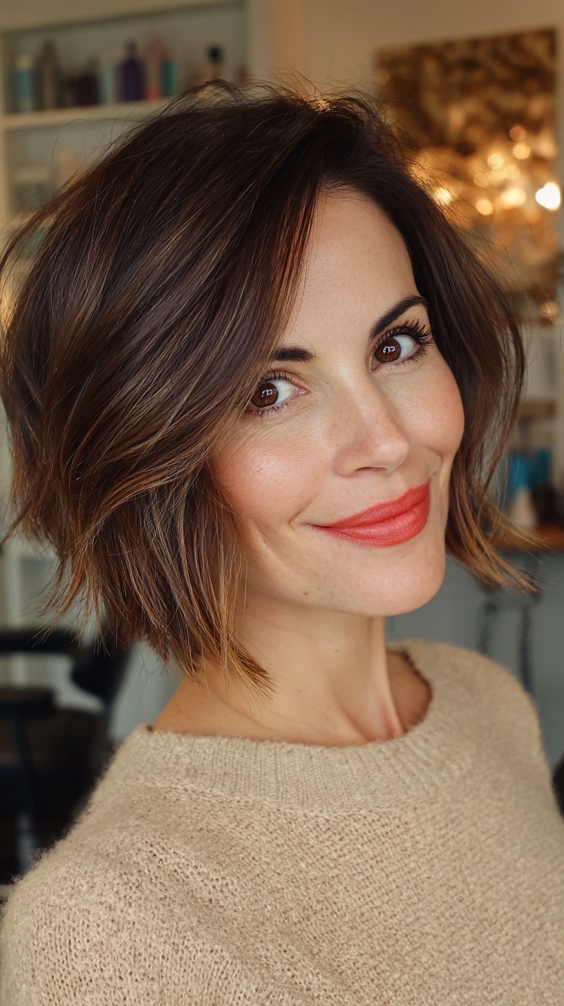 Textured Brunette Bob with Subtle Layers and Warm Highlights
