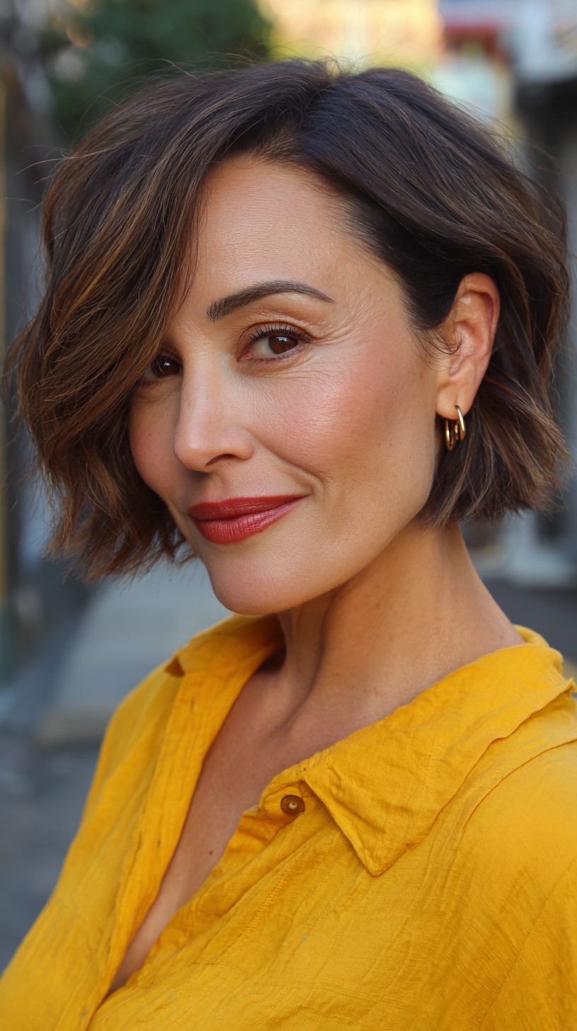Textured Brunette Bob with Warm Highlights