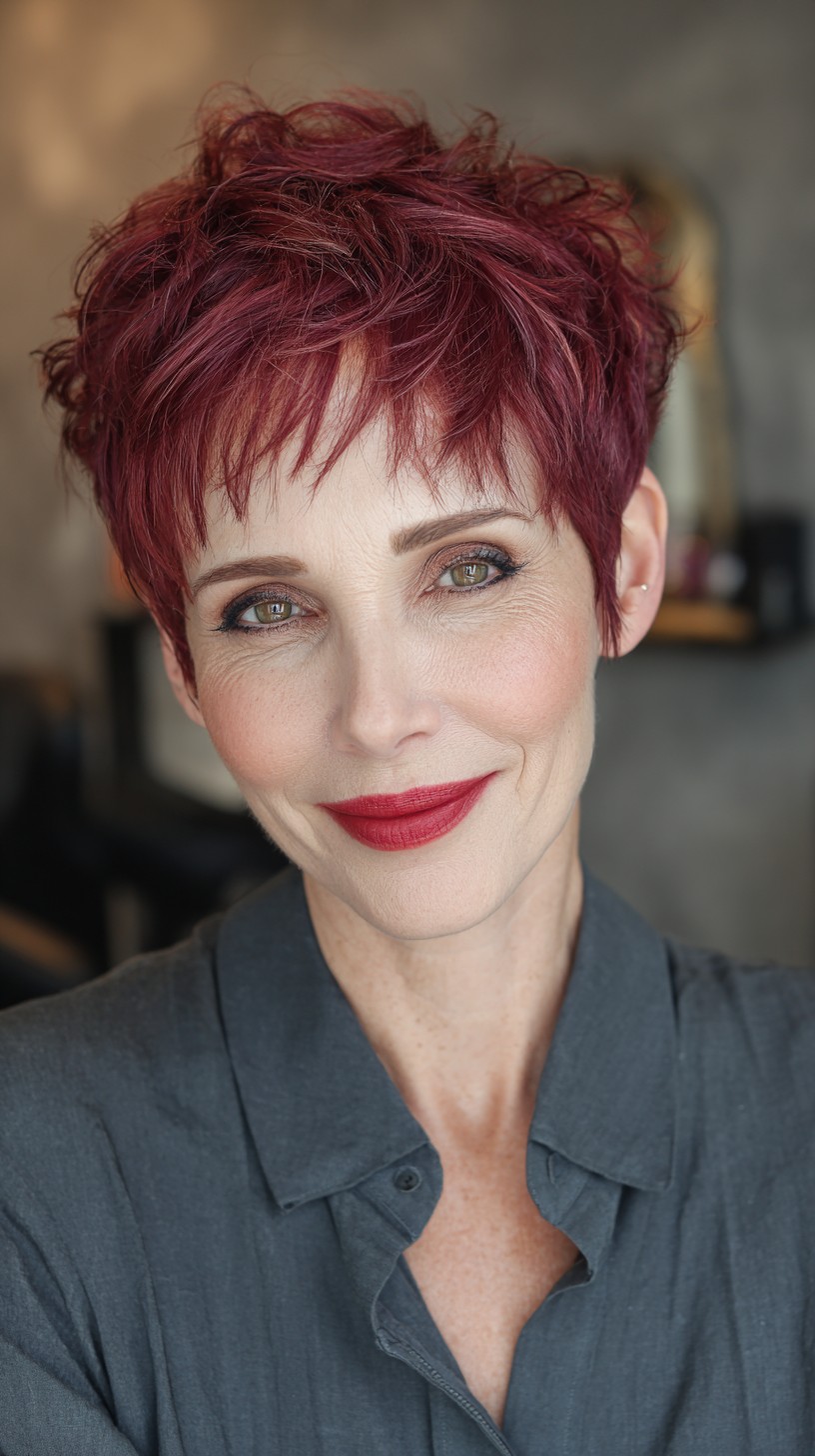Textured Deep Red Pixie Cut with Effortless Layers