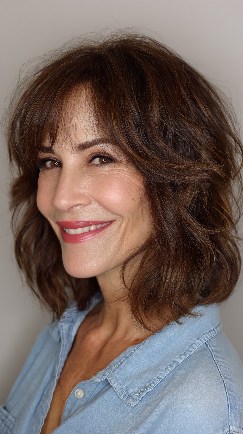 Textured Mid-Length Shag with Soft Bangs