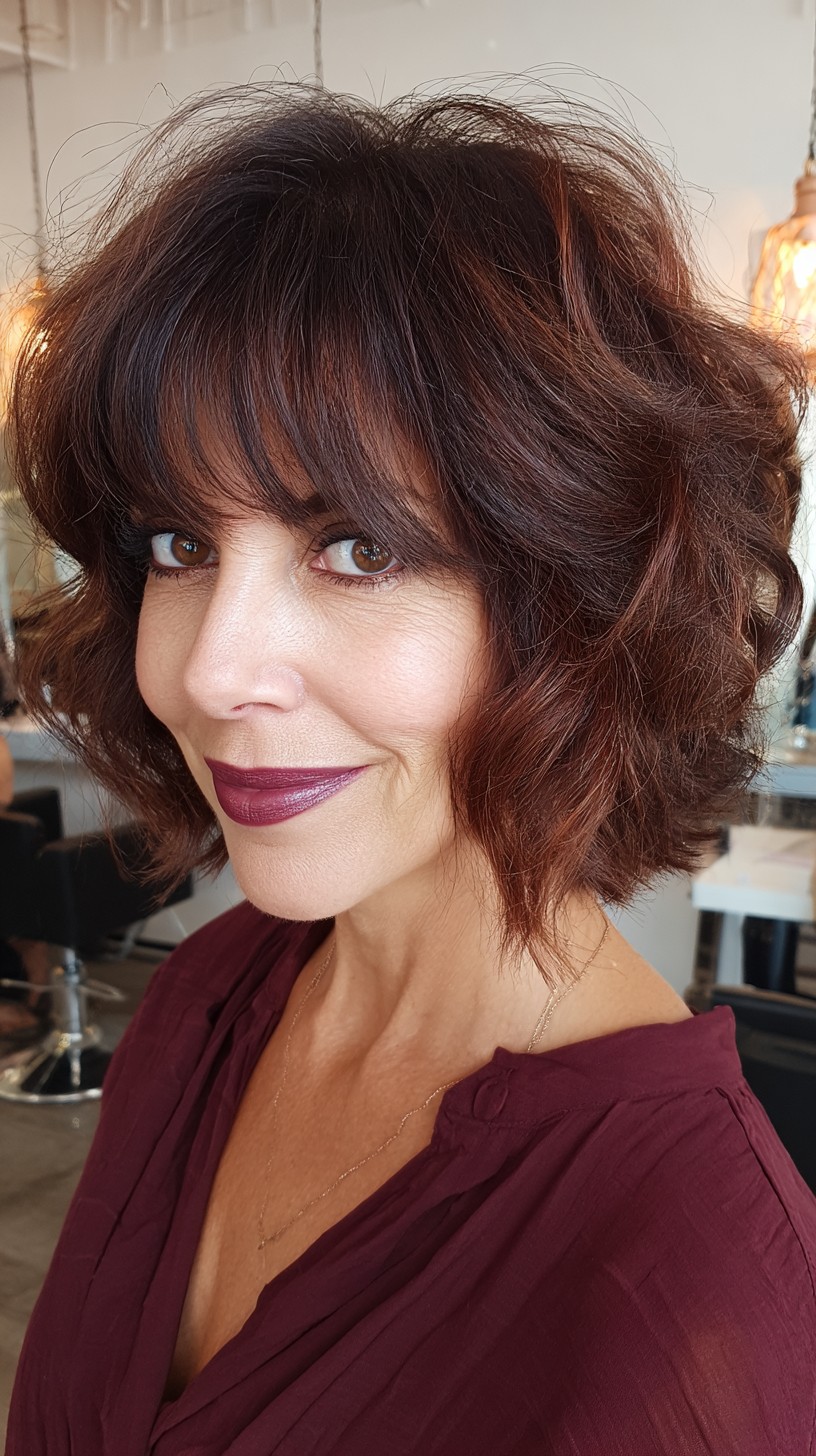 Textured Red Bob with Playful Choppy Bangs