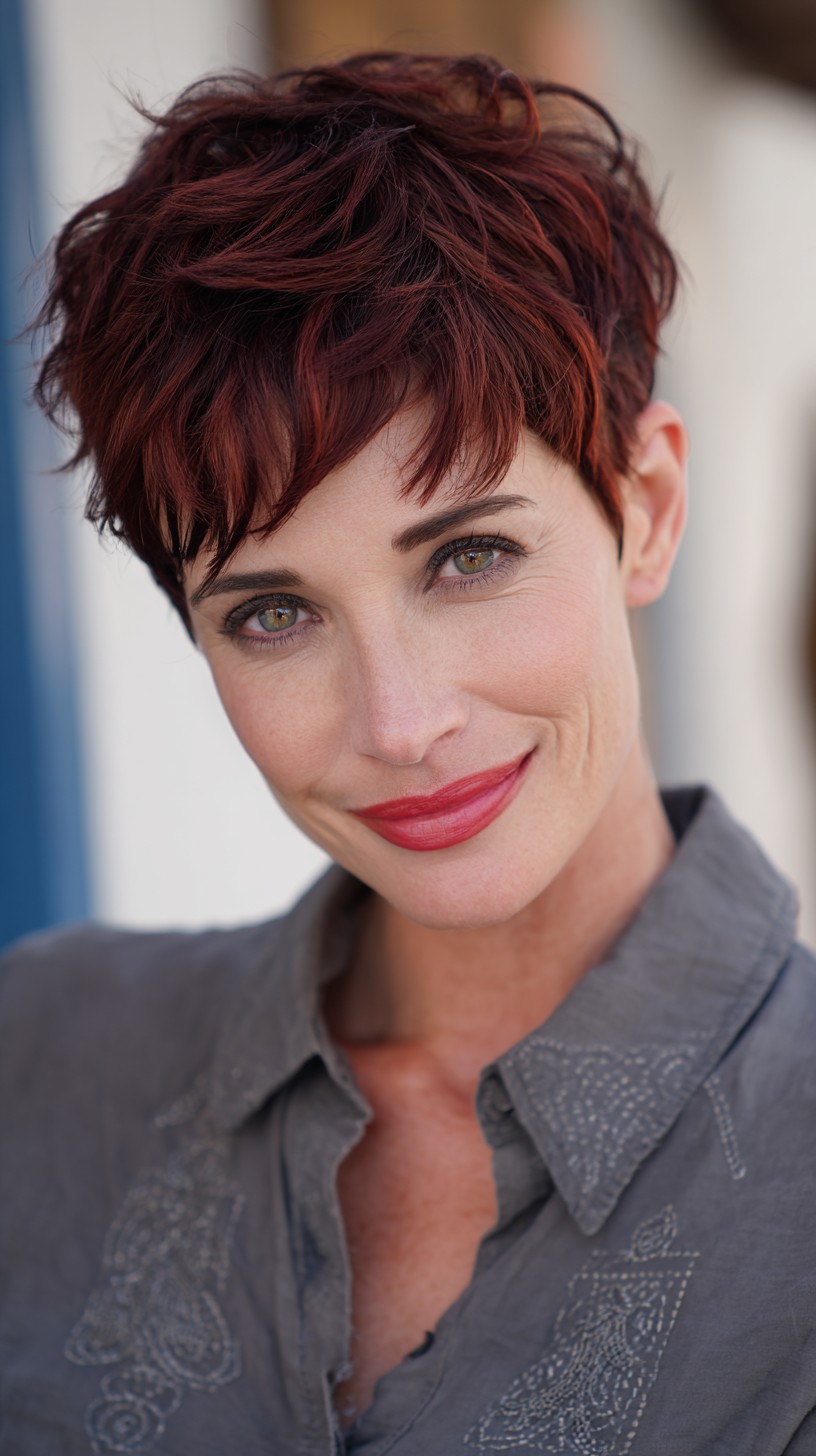 Textured Red Pixie Cut with Soft Flicks