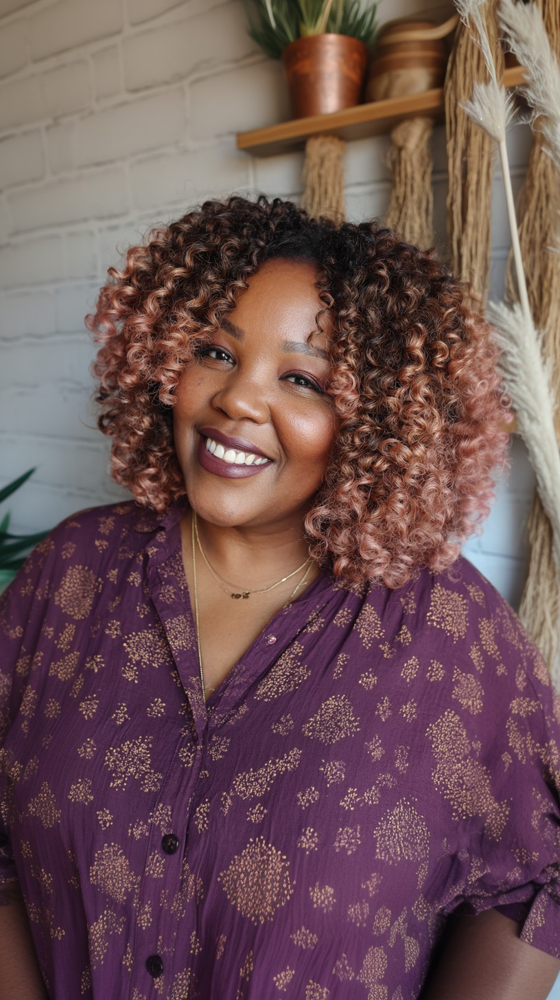 Trendy Rose Gold Curly Shoulder-Length Cut with Defined Curls