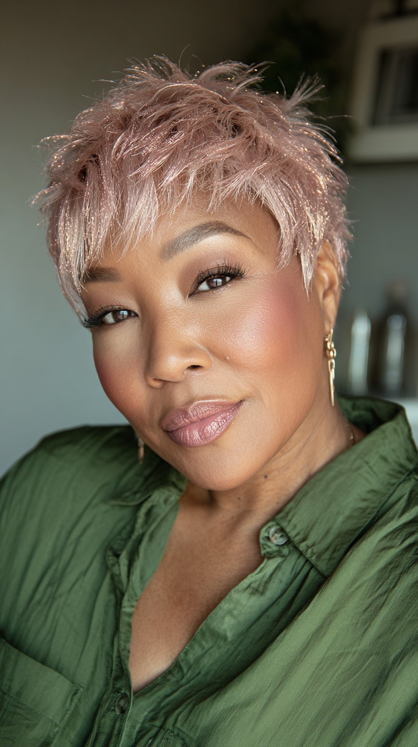 Trendy Rose Gold Textured Pixie with Edgy Layers