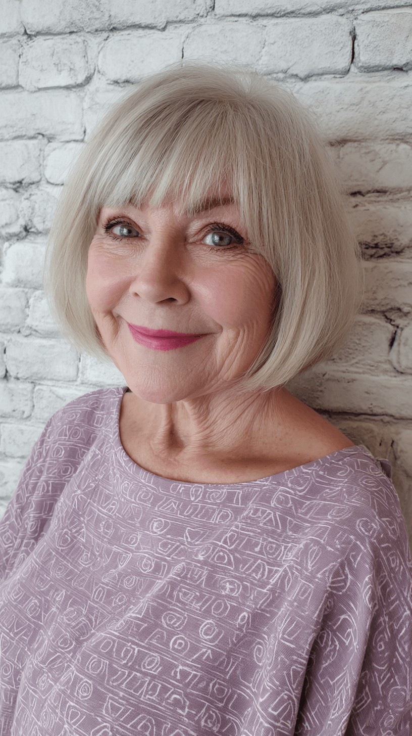 Chic Silvery Bob with Soft Blunt Bangs