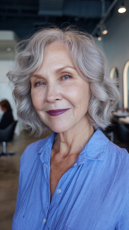 Charming Soft Curly Gray Bob with Volume