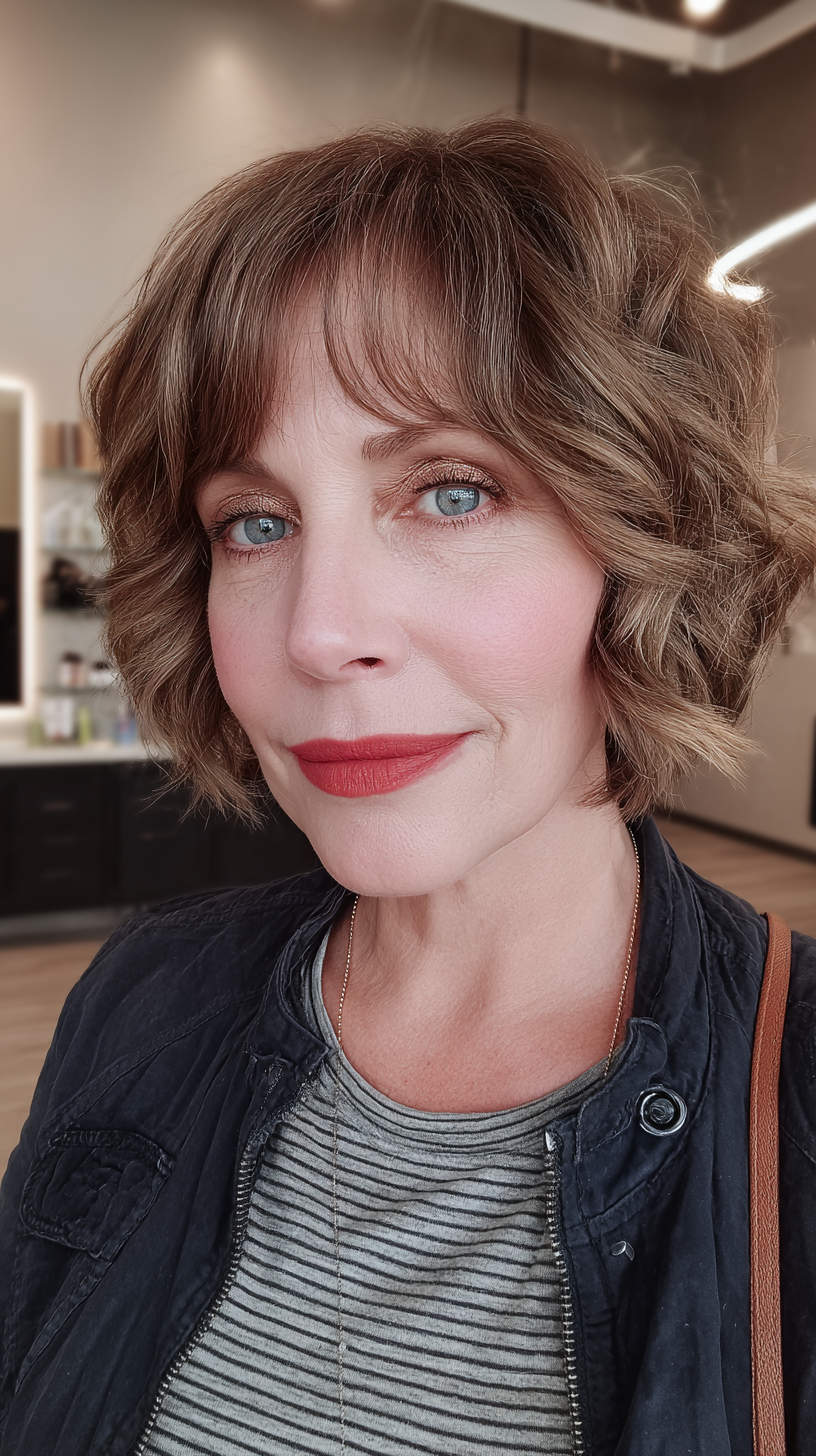 Chic Soft Curly Bob with Face-Framing Bangs