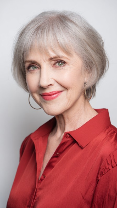 Chic Soft Gray Blunt Bob with Feathered Bangs