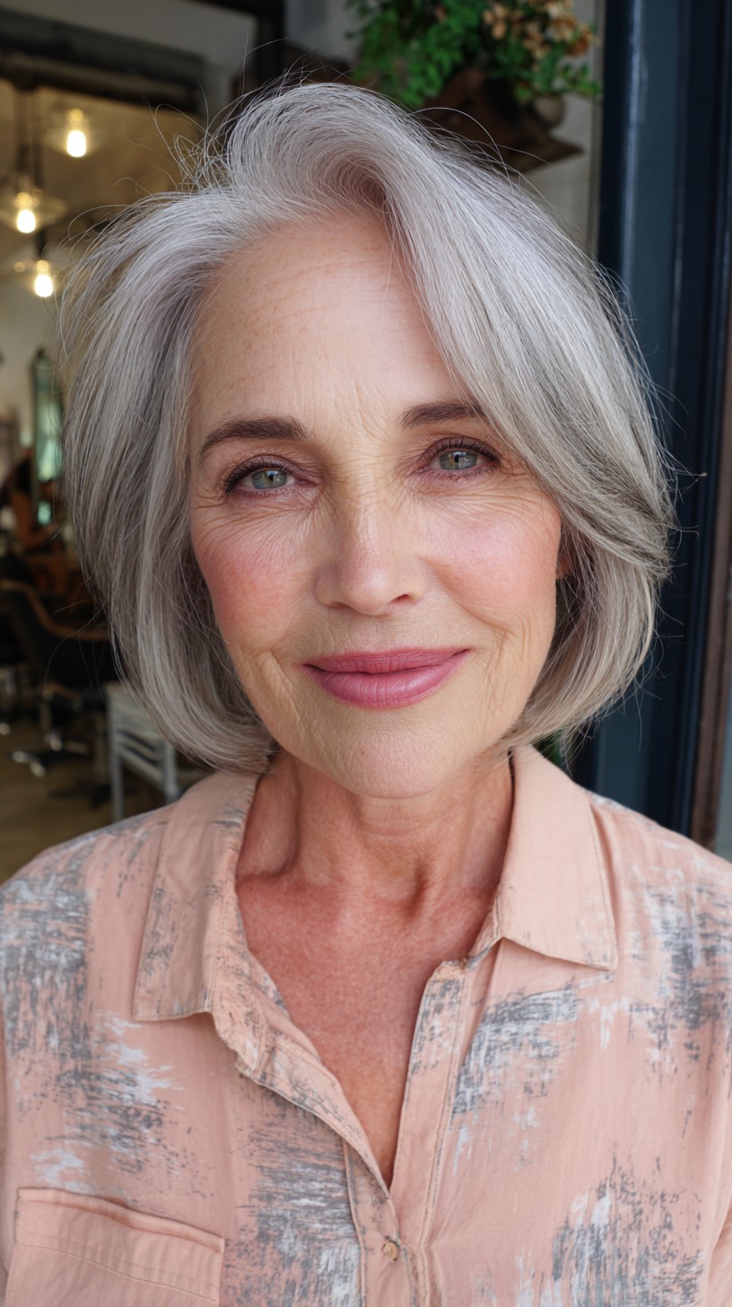 Elegant Silver Layered Bob with Face-Framing Bangs