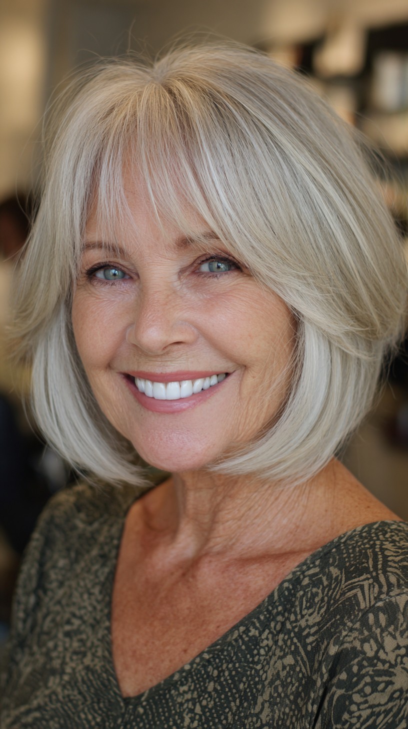 Elegant Silver Layered Bob with Soft Bangs