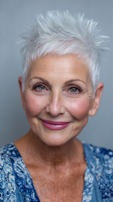 Modern Spiky Pixie Cut with Bright Silver Highlights