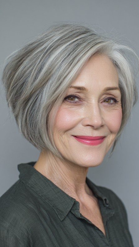 Modern Textured Gray Bob with Side-Swept Bangs