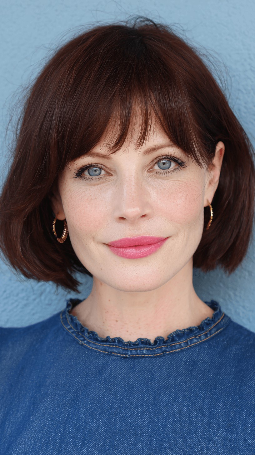 Sleek Chestnut Bob with Soft Fringe Bangs