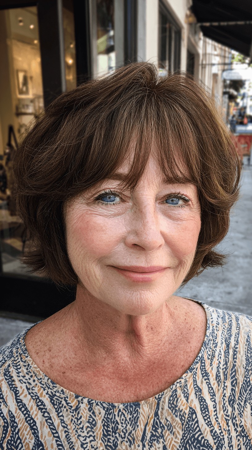 Soft Textured Brown Bob with Wispy Long Bangs