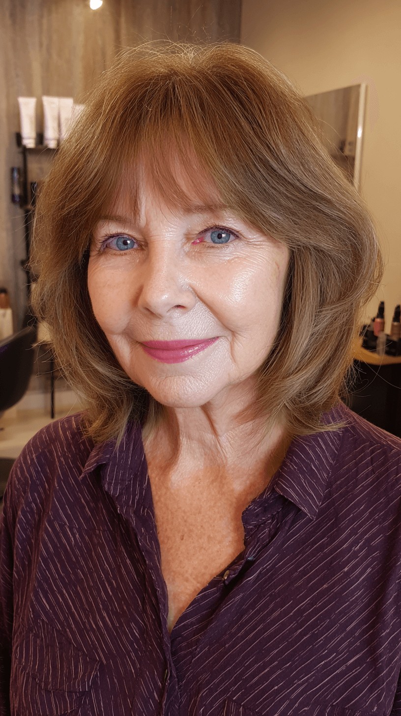 Soft Textured Brown Lob with Long Bangs