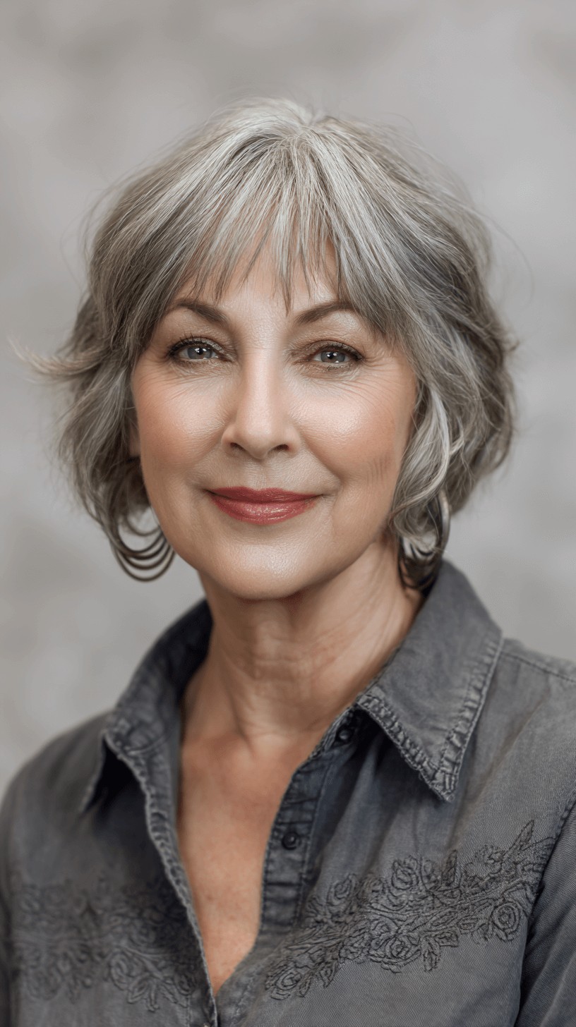 Soft Textured Gray Bob with Long Bangs