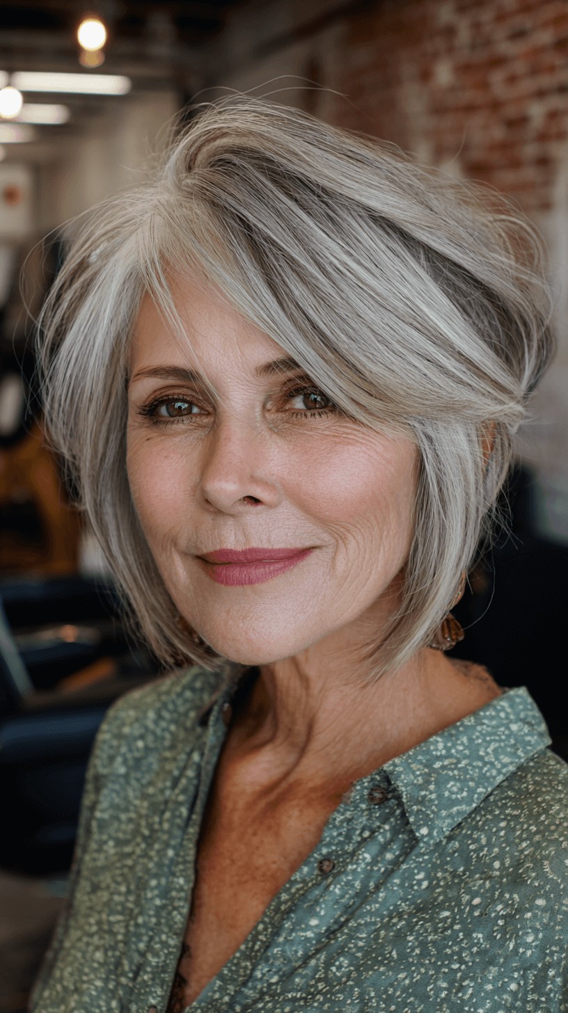 Soft Textured Gray Bob with Side-Swept Long Bangs