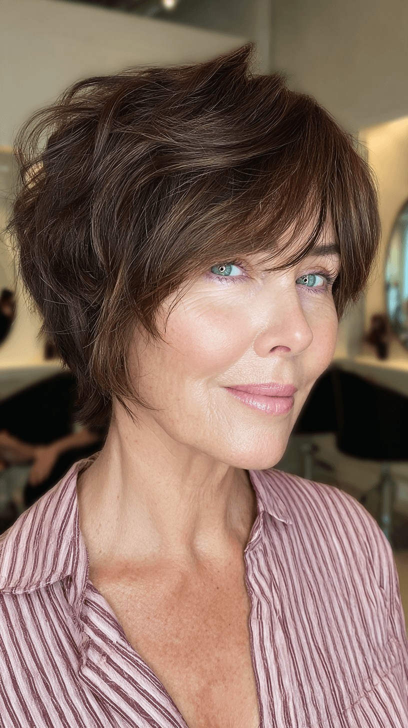 Textured Brunette Bob with Playful Long Bangs