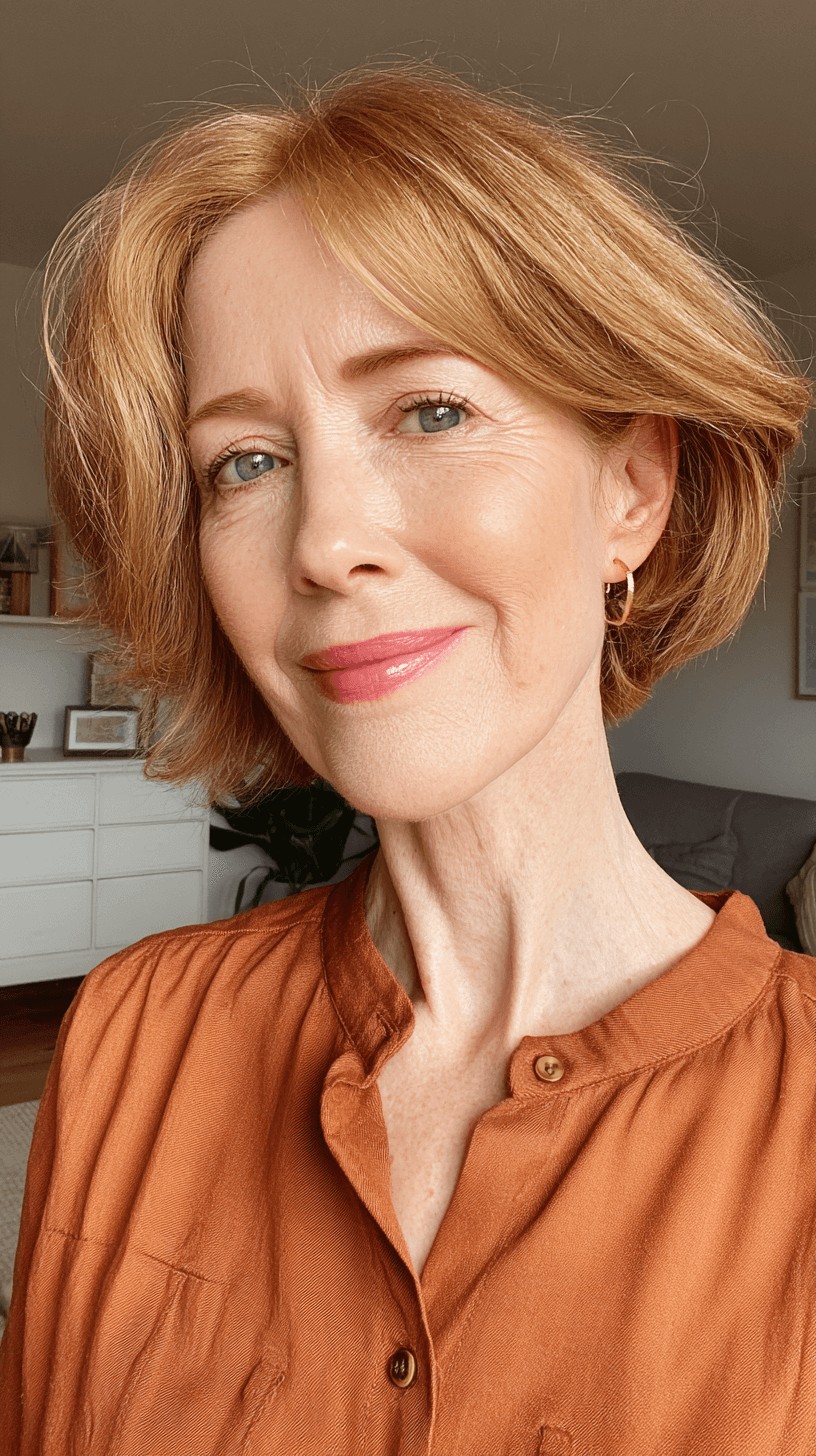 Textured Copper Bob with Soft Long Bangs