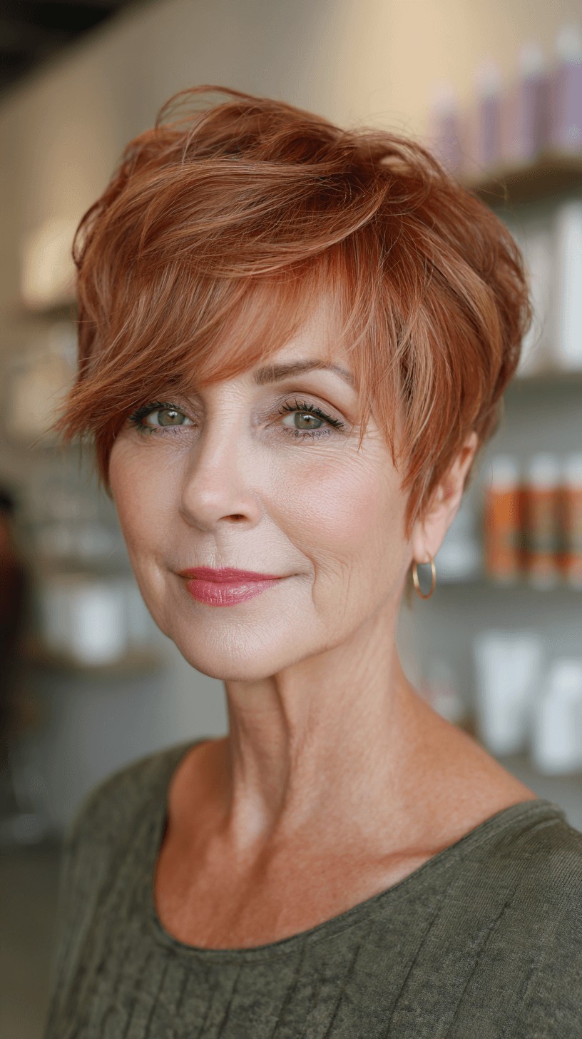 Textured Copper Short Cut with Long Bangs