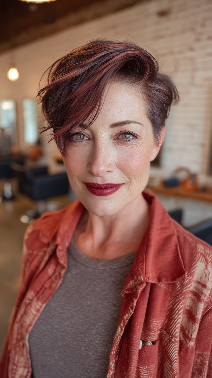 Textured Pixie with Bold Burgundy Highlights