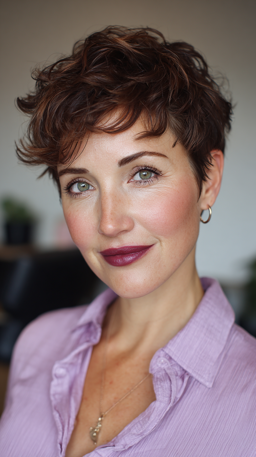 Textured Pixie with Soft Curls and Warm Undertones