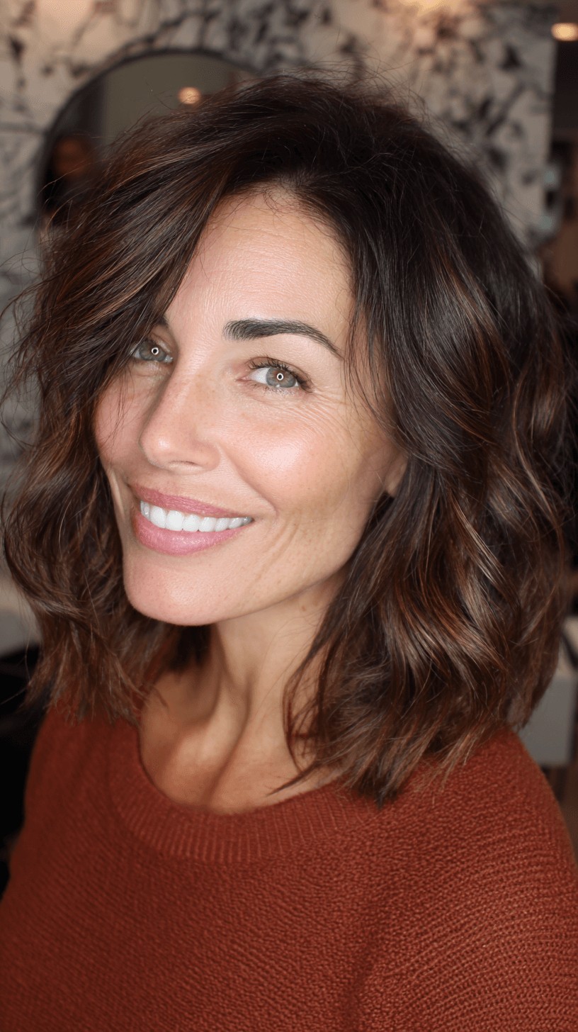 Textured Shoulder-Length Waves with Warm Caramel Highlights