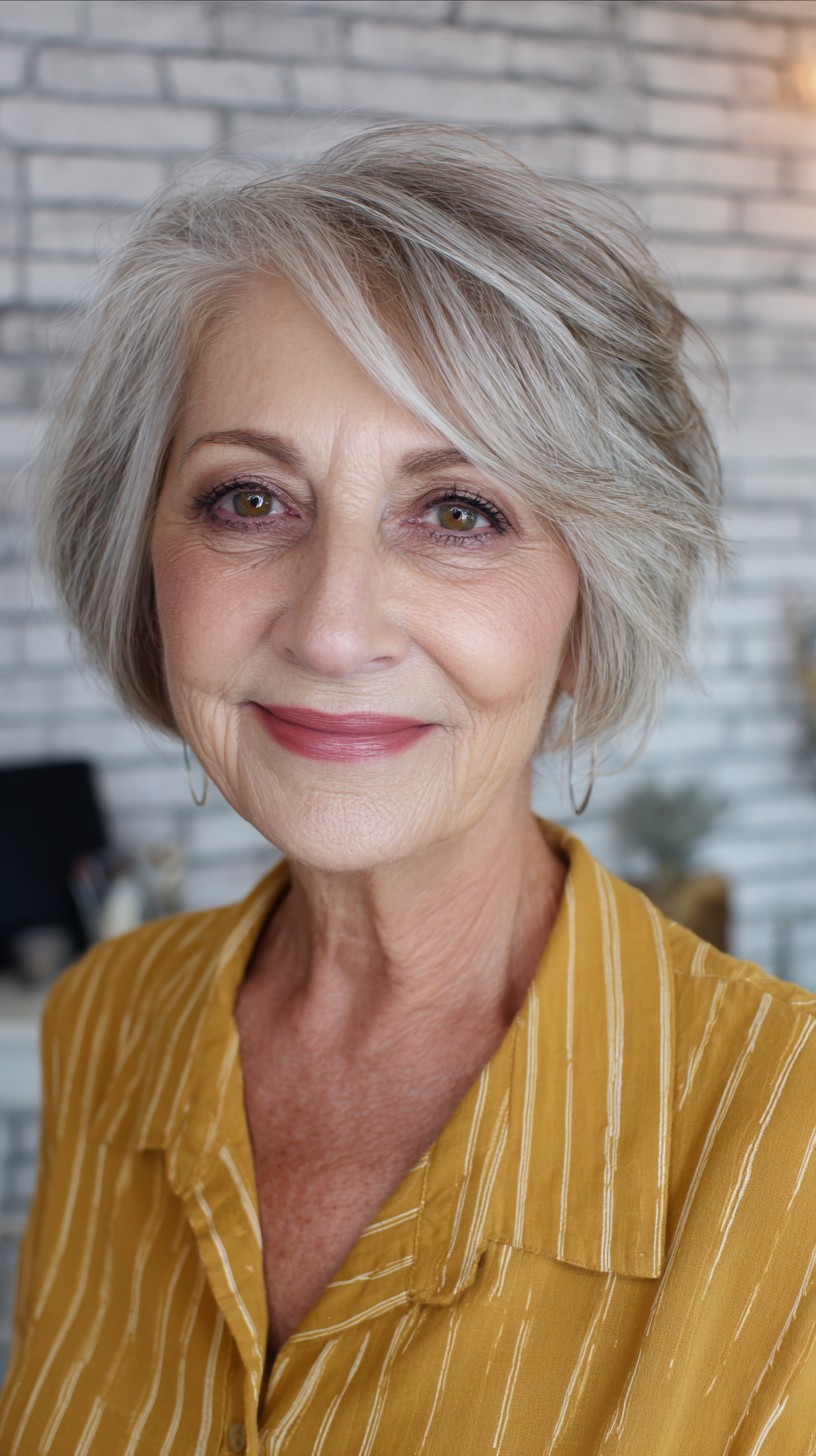 Textured Silver Layered Bob with Wispy Bangs