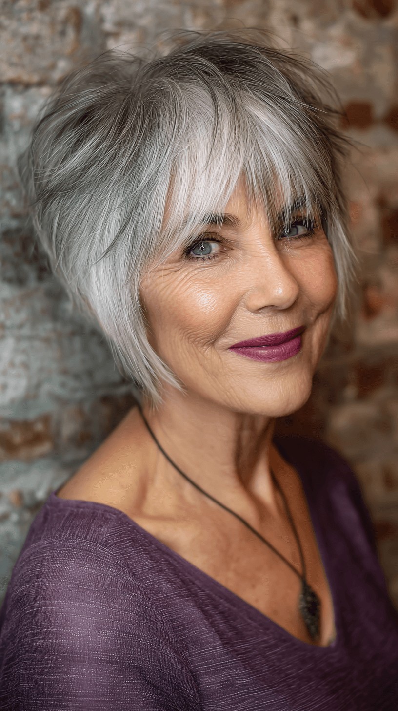 Textured Silver Pixie with Long Bangs