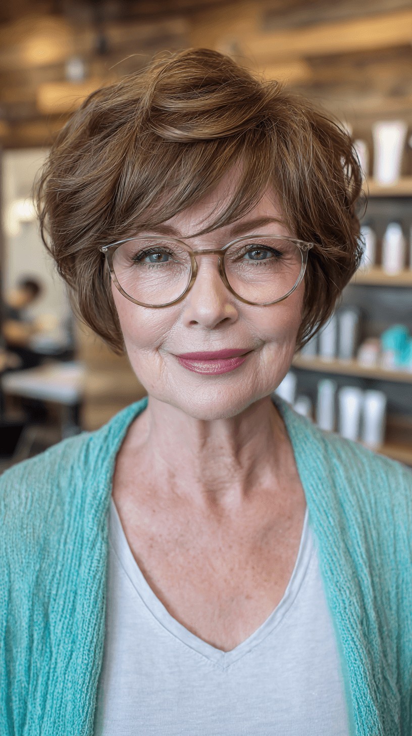 Textured Warm Chestnut Bob with Long Bangs