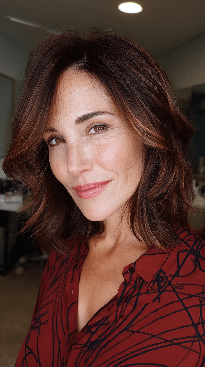Warm Chestnut Shoulder-Length Waves with Subtle Highlights