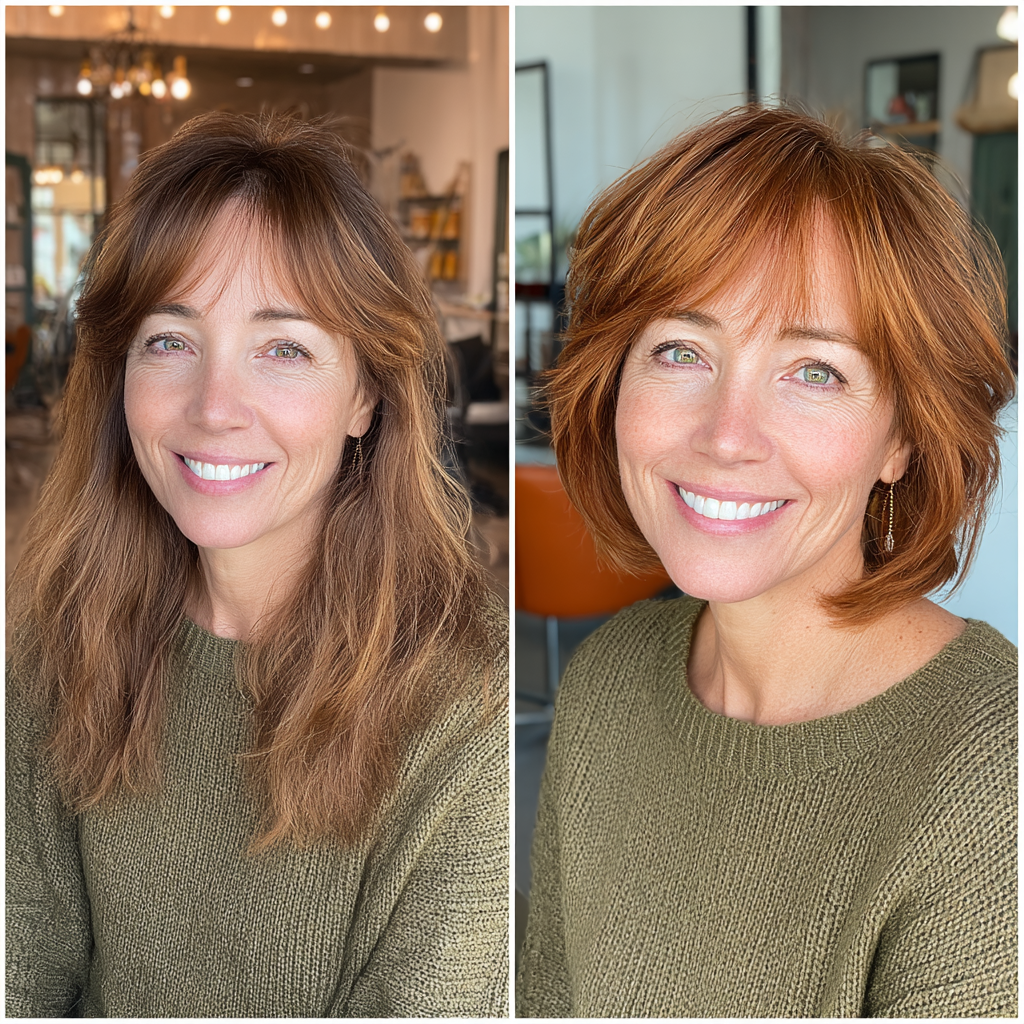 Warm Copper Layered Bob with Soft Bangs