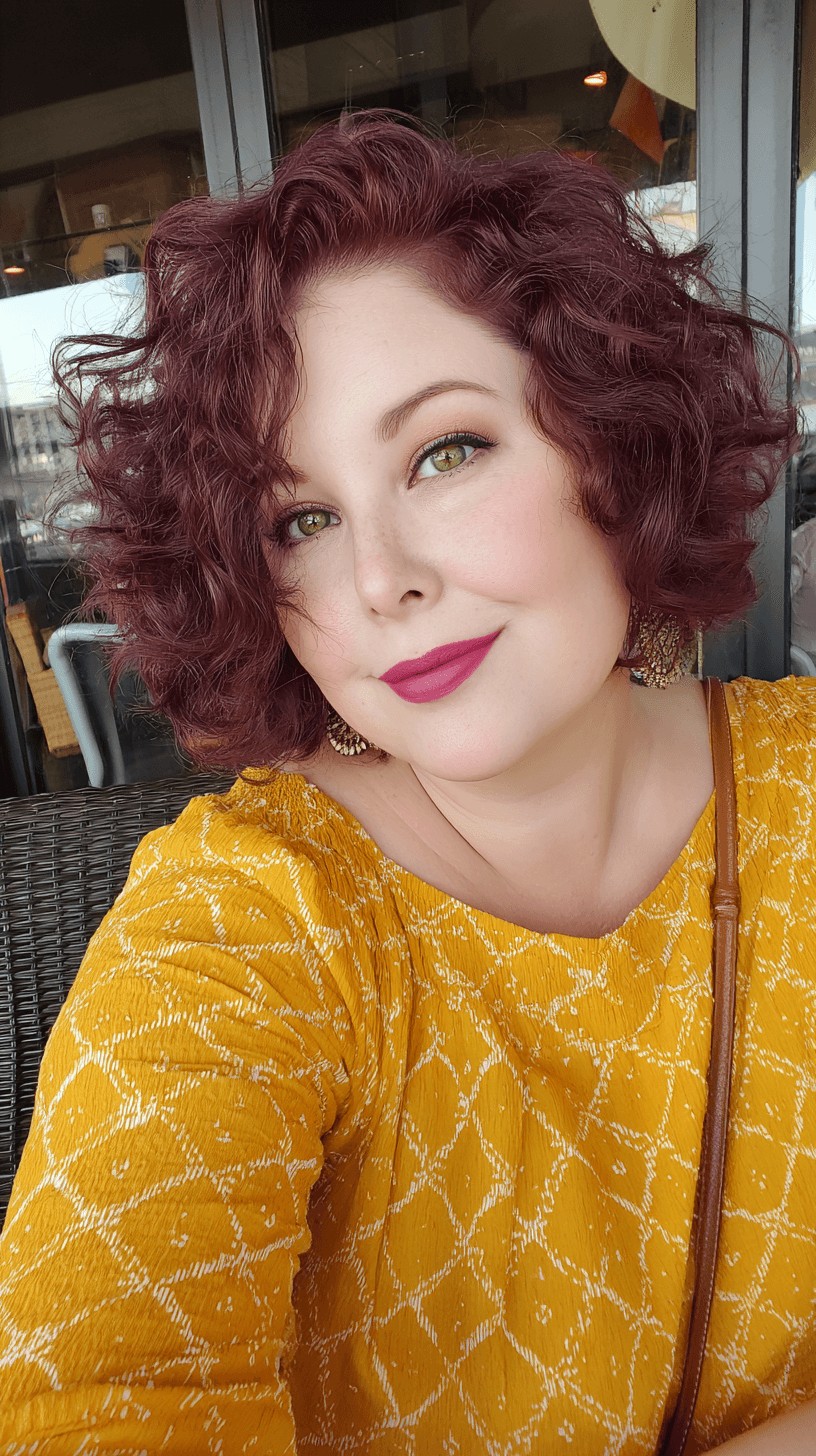 Bold Curly Bob with Rich Burgundy Color