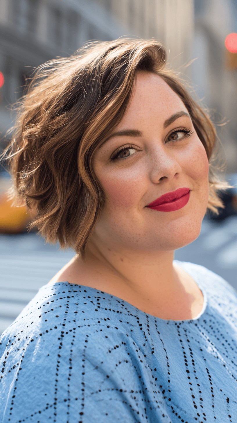 Chic Textured Curly Bob with Warm Highlights