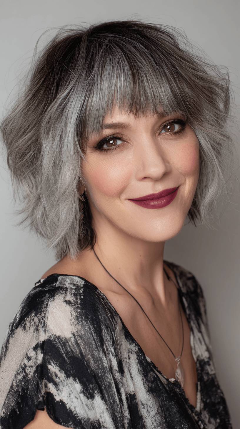 Chic Textured Gray Bob with Bold Bangs