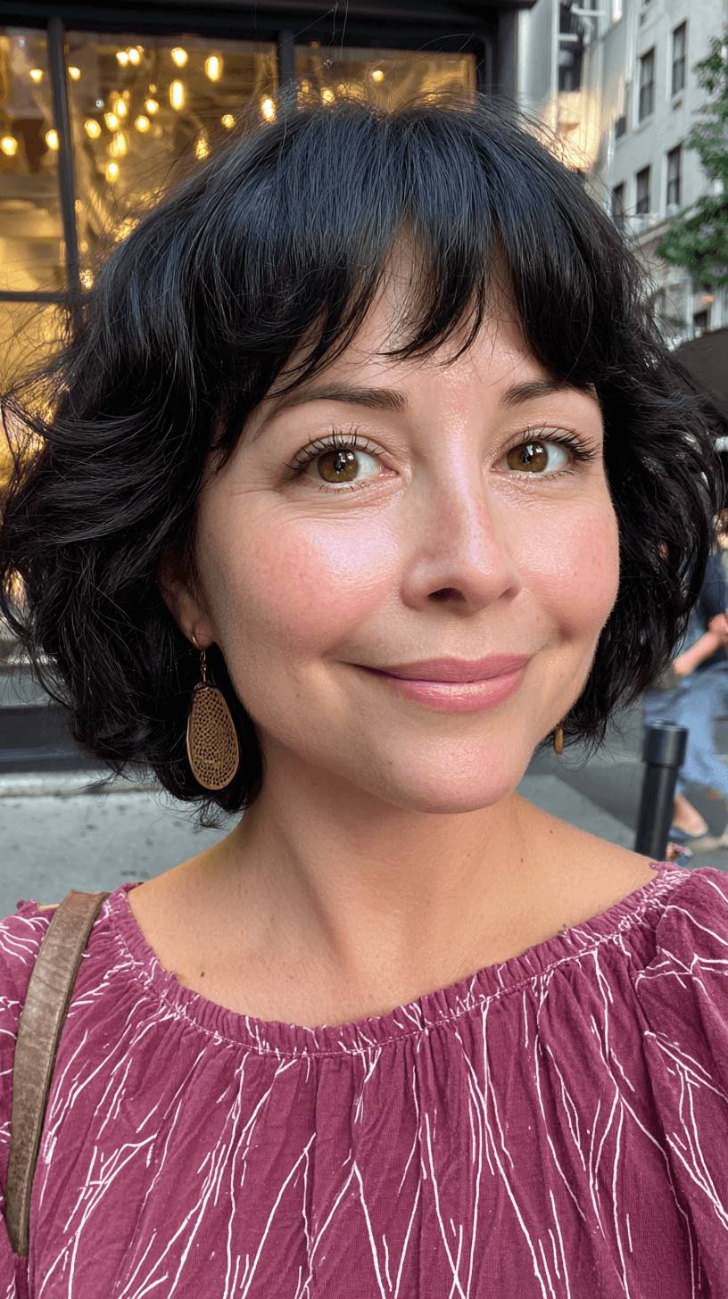 Chic Textured Razor Cut Bangs with Playful Curls