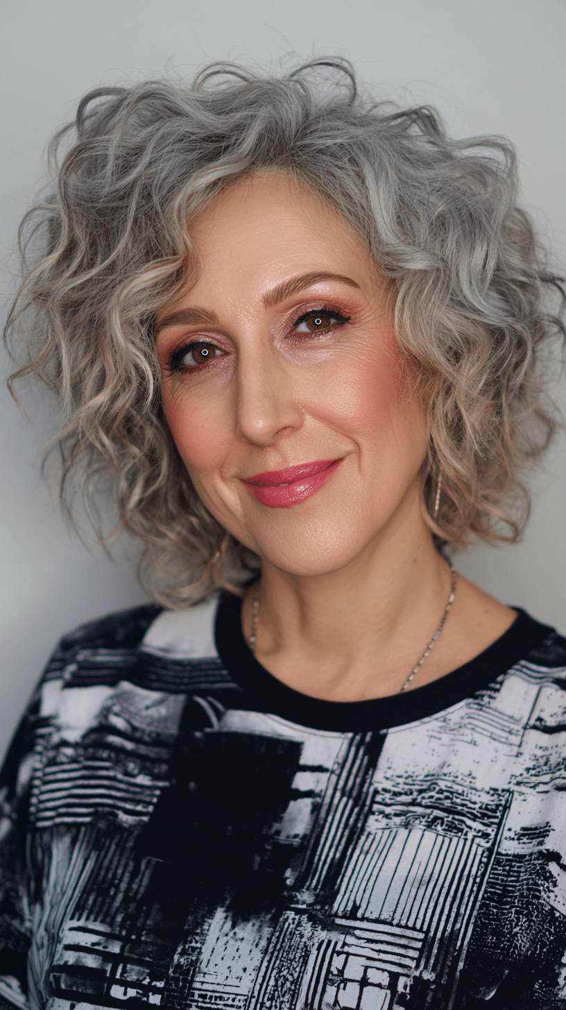 Dynamic Curly Gray Bob with Soft Layers