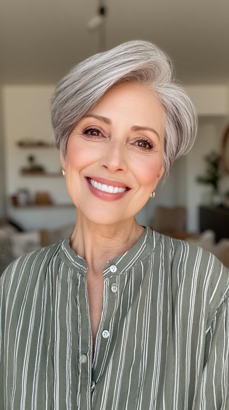 Softly Styled Short Grey Hair with Gentle Volume