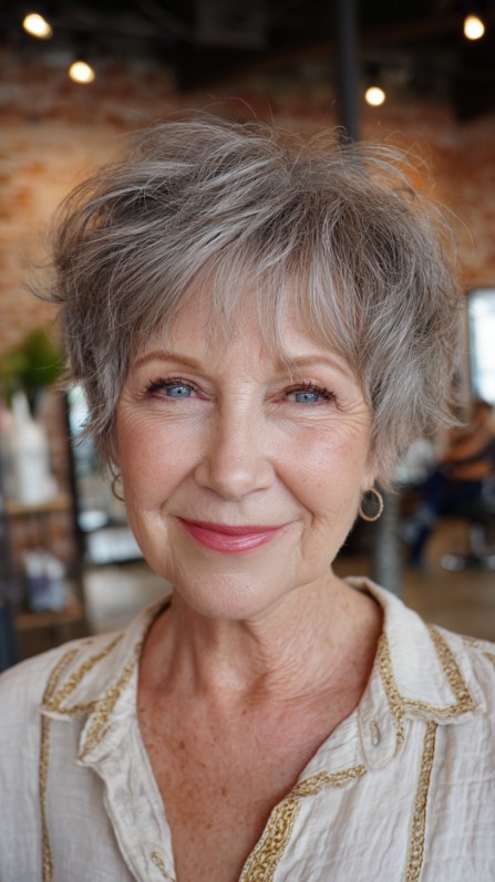 Textured Short Grey Hair with Soft Layers