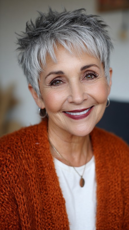 Textured Short Grey Pixie Cut with Lively Layers