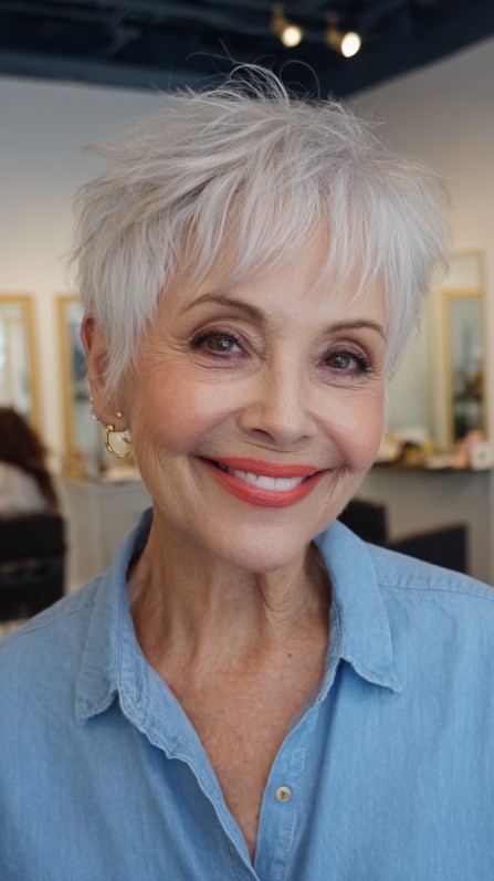 Textured Short Grey Pixie Cut with Lively Volume