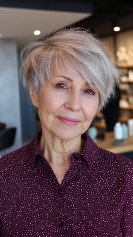 Textured Soft Grey Pixie Cut with Feathered Layers