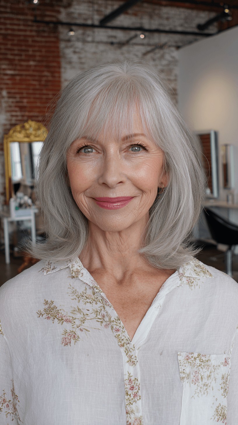 soft silver layered bob with subtle face framing bangs
