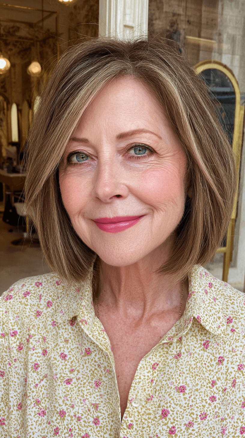 Beautifully Layered Warm Brown Oval Bob with Subtle Highlights