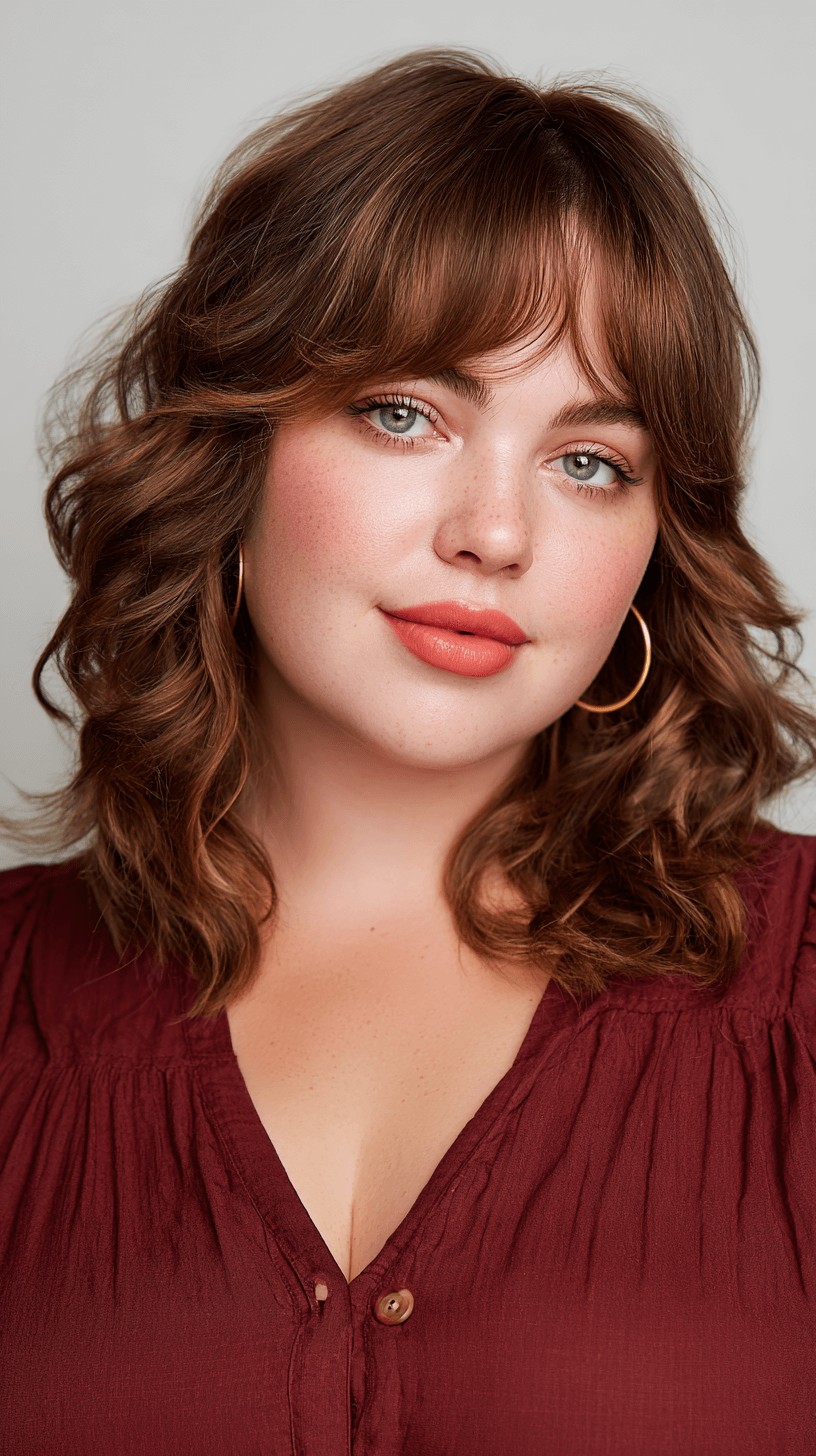 Chic Curly Shoulder-Length Cut with Soft Bangs