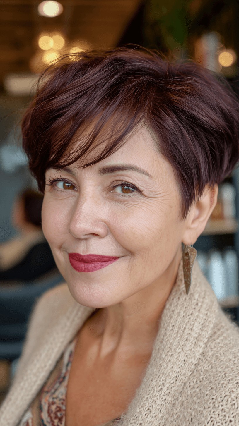 Chic Deep Burgundy Side-Swept Pixie Cut